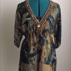 Sheer Beaded Tunic by Solitaire, Brown & Gold, L, Like New